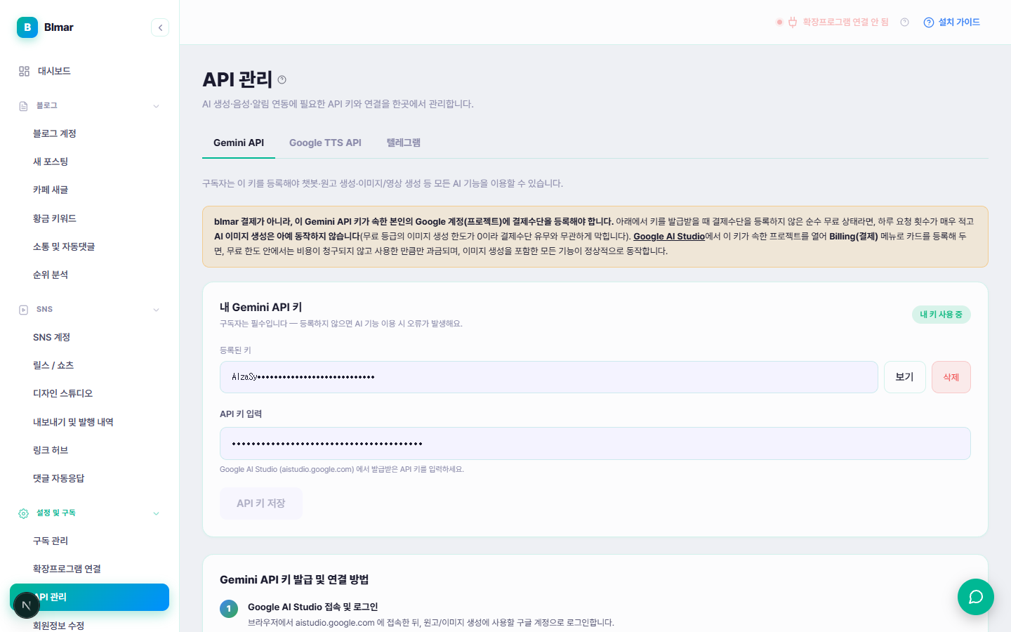 블마 API 관리 Gemini API 탭 화면